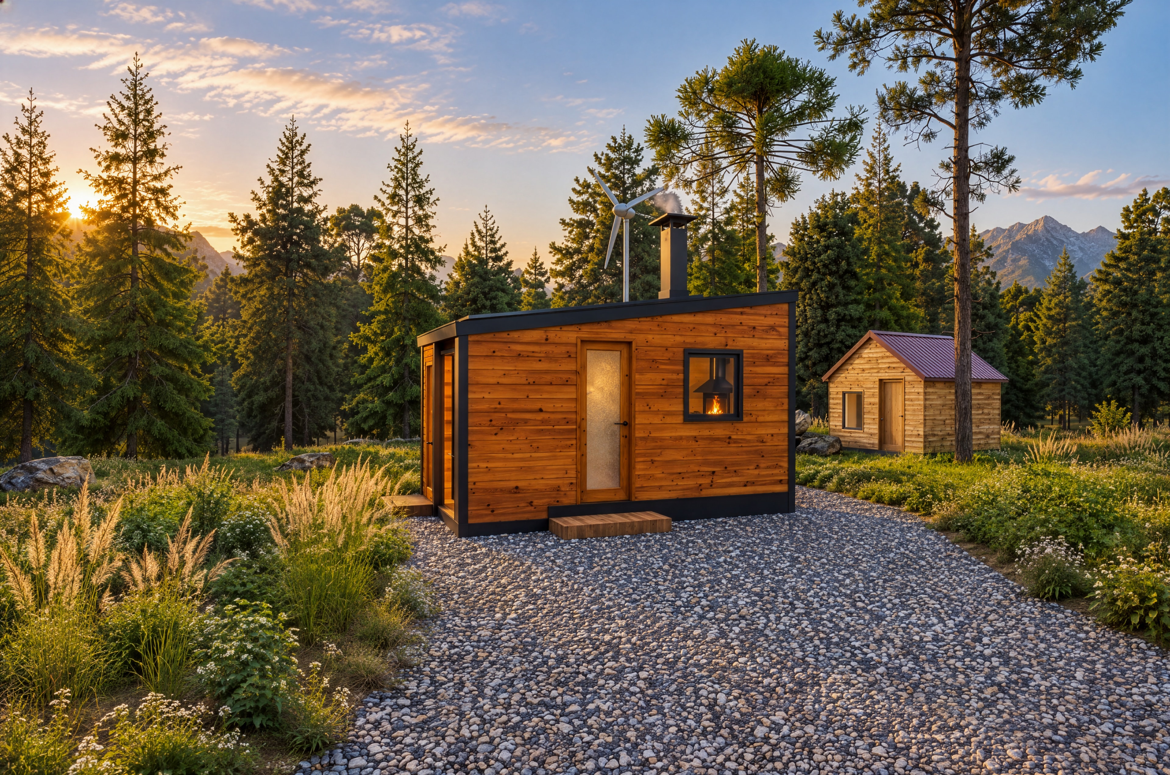 Timber cabin exterior in winter wilderness
