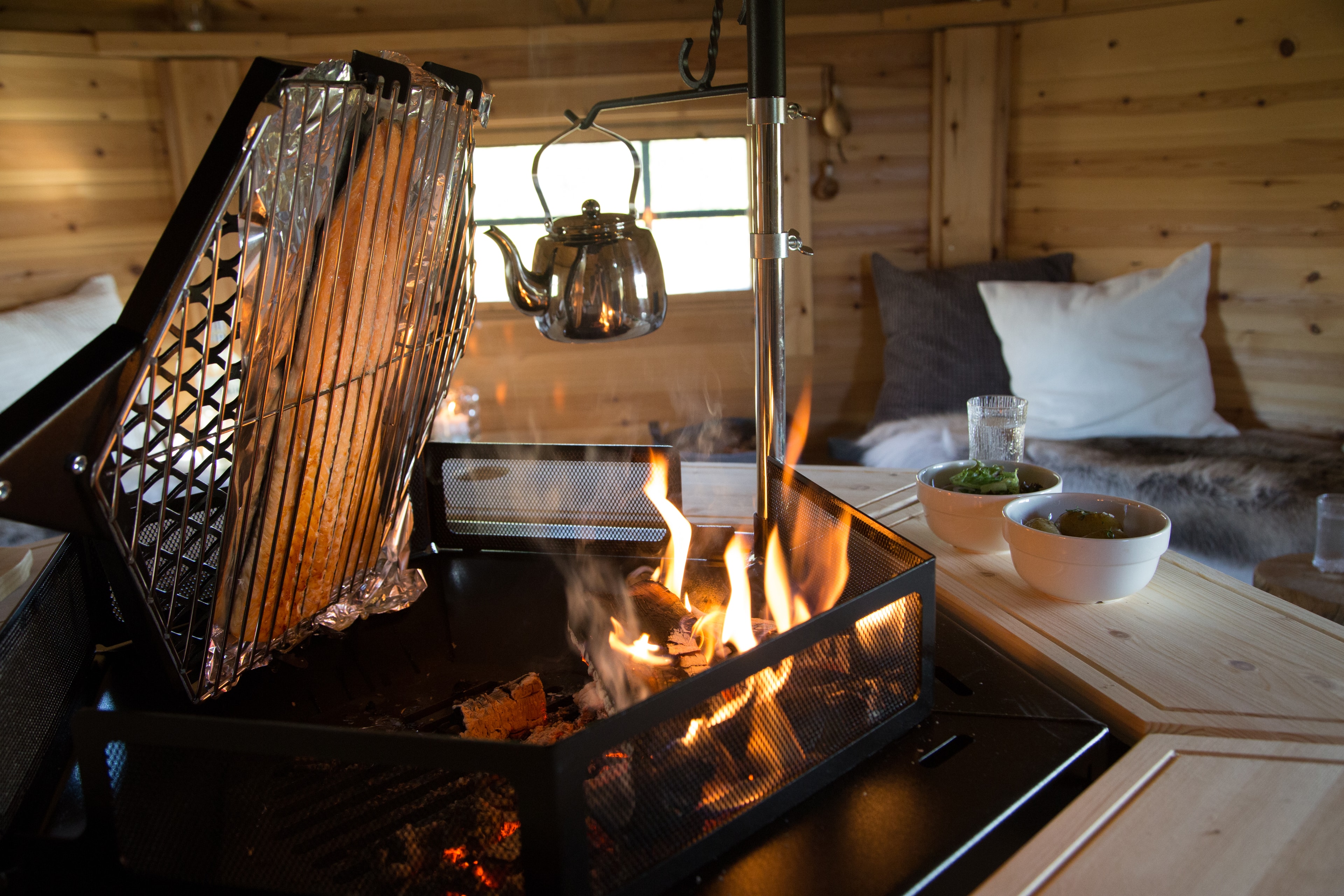 Food cooking over open fire